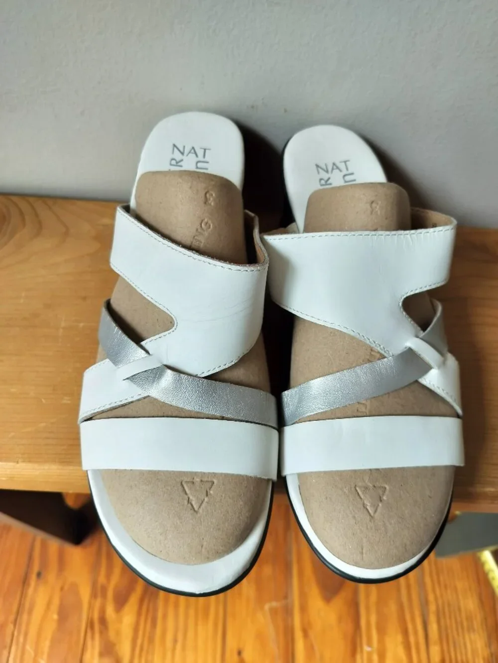 Naturalizer White/Silver Leather Strappy Wedges